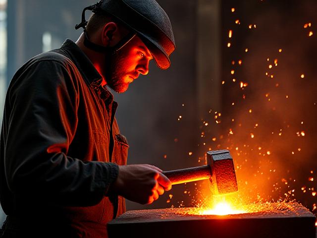 Artisan forgeant du métal avec des étincelles, concentration intense.