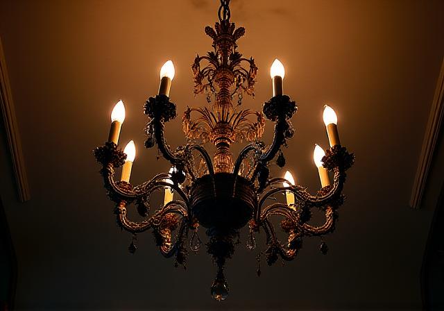 Magnifique lustre en fer forgé avec des branches complexes et des bougies.