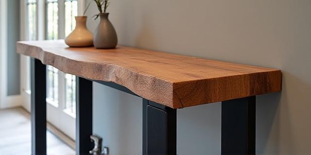Une console d'entrée minimaliste en métal noir et plateau en bois brut.