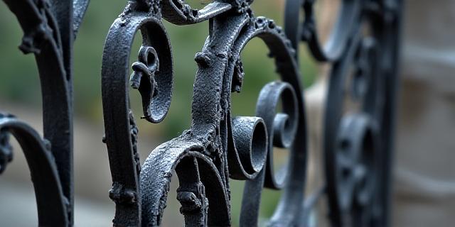 Détail d'un portail en fer forgé très orné avec des feuilles et des volutes.