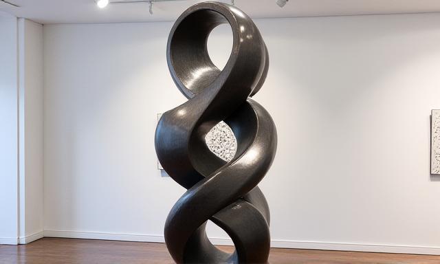 Sculpture abstraite moderne en métal poli reflétant la lumière.