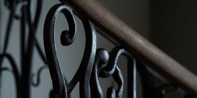 Détail d'une rampe d'escalier en fer forgé avec des arabesques.
