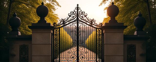 Portail en fer forgé ornemental sur une entrée de château.