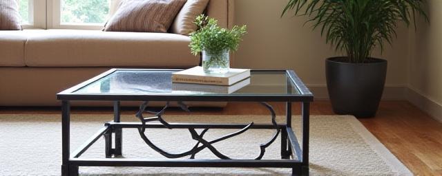 Table basse design en métal forgé et plateau en verre.